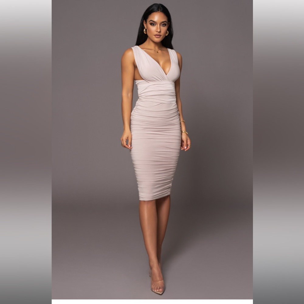 JLUXLABEL Blush Nude Ruched Midi Dress
